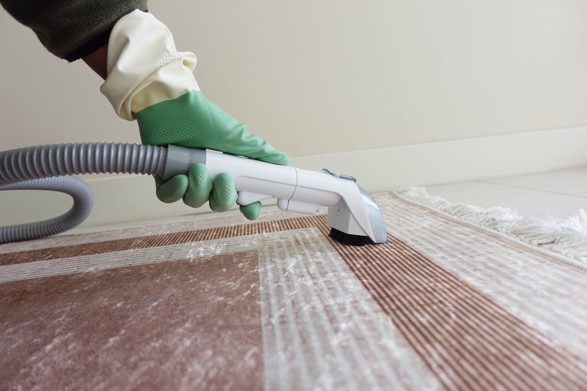 Handheld steam cleaner extracting dirt from a carpeted floor in Worthing